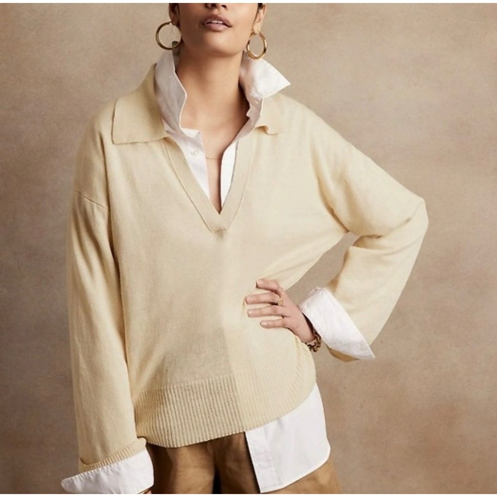 Banana Republic 100% Linen French Johnny Polo Sweater Beige Long Sleeve Large
